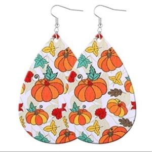 Fall/Autumn pumpkin & leaves faux leather tear drop earrings